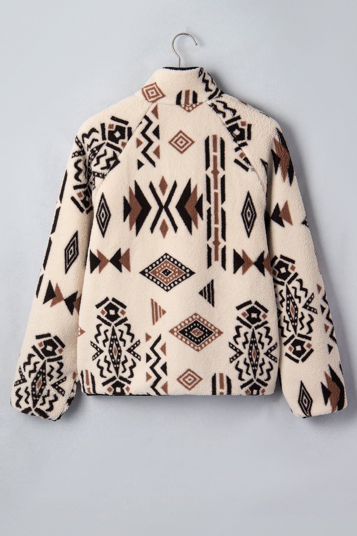 Beige Geometric Fleece Zip-Up Jacket
