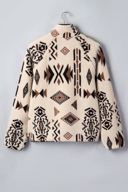 Beige Geometric Fleece Zip-Up Jacket