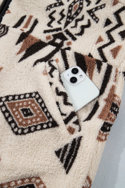 Front view of beige geometric zip-up jacket