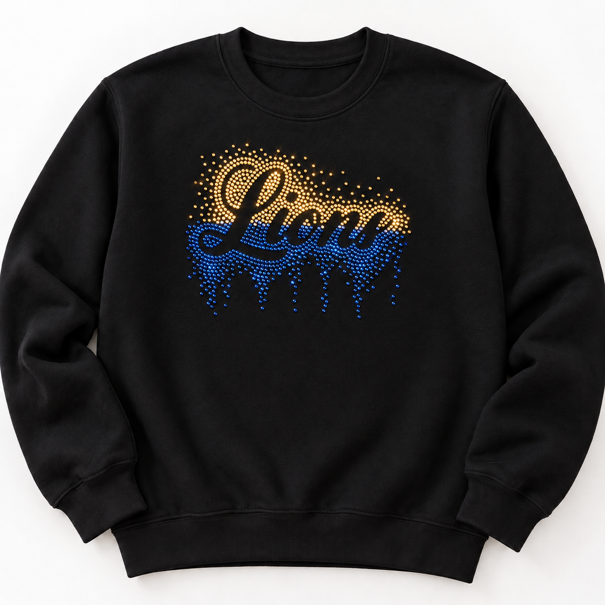 Black Lions crewneck sweatshirt with blue-and-gold rhinestone-look design