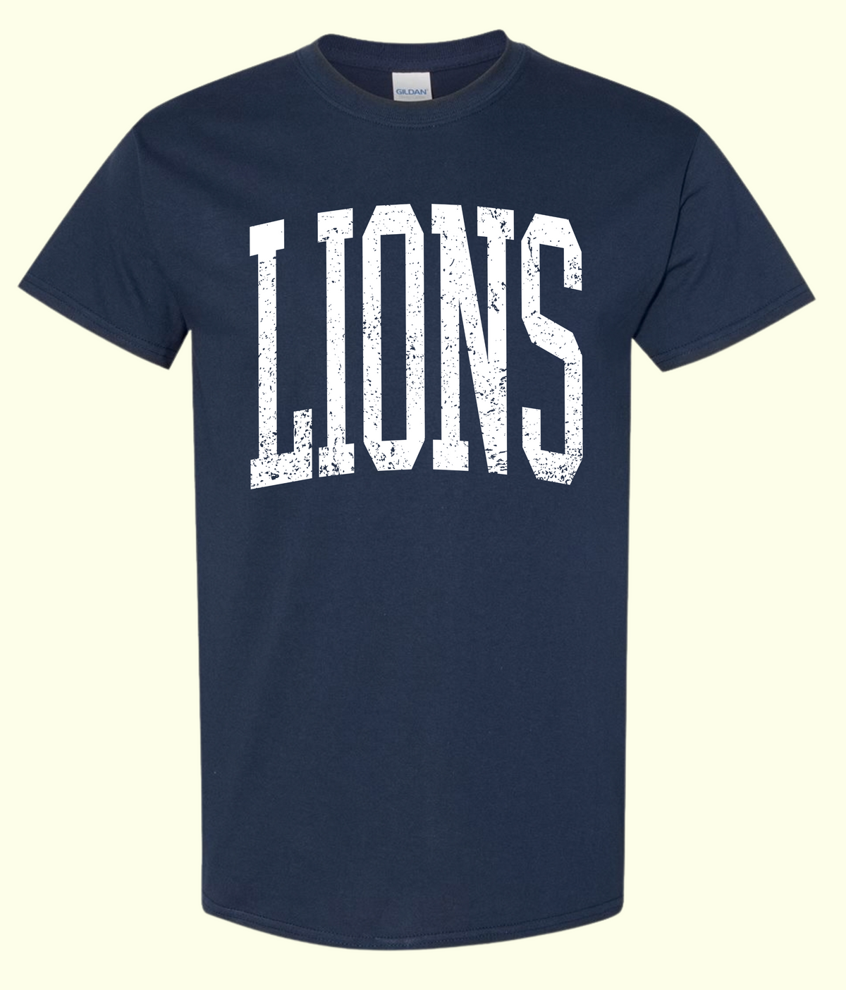 Navy short-sleeve tee with oversized distressed white LIONS lettering