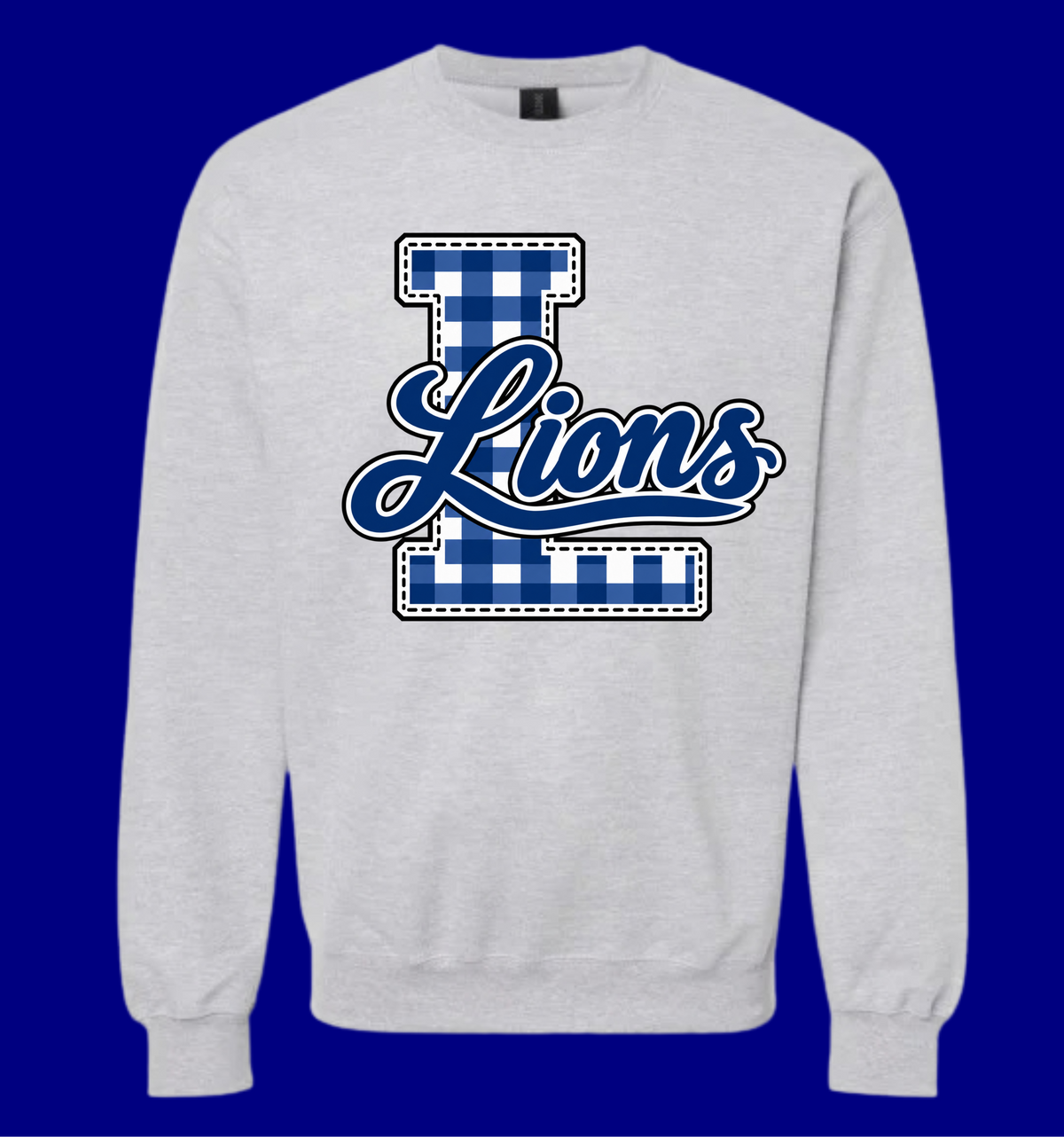Ash gray crewneck sweatshirt with a navy-and-white checkered L and navy Lions script
