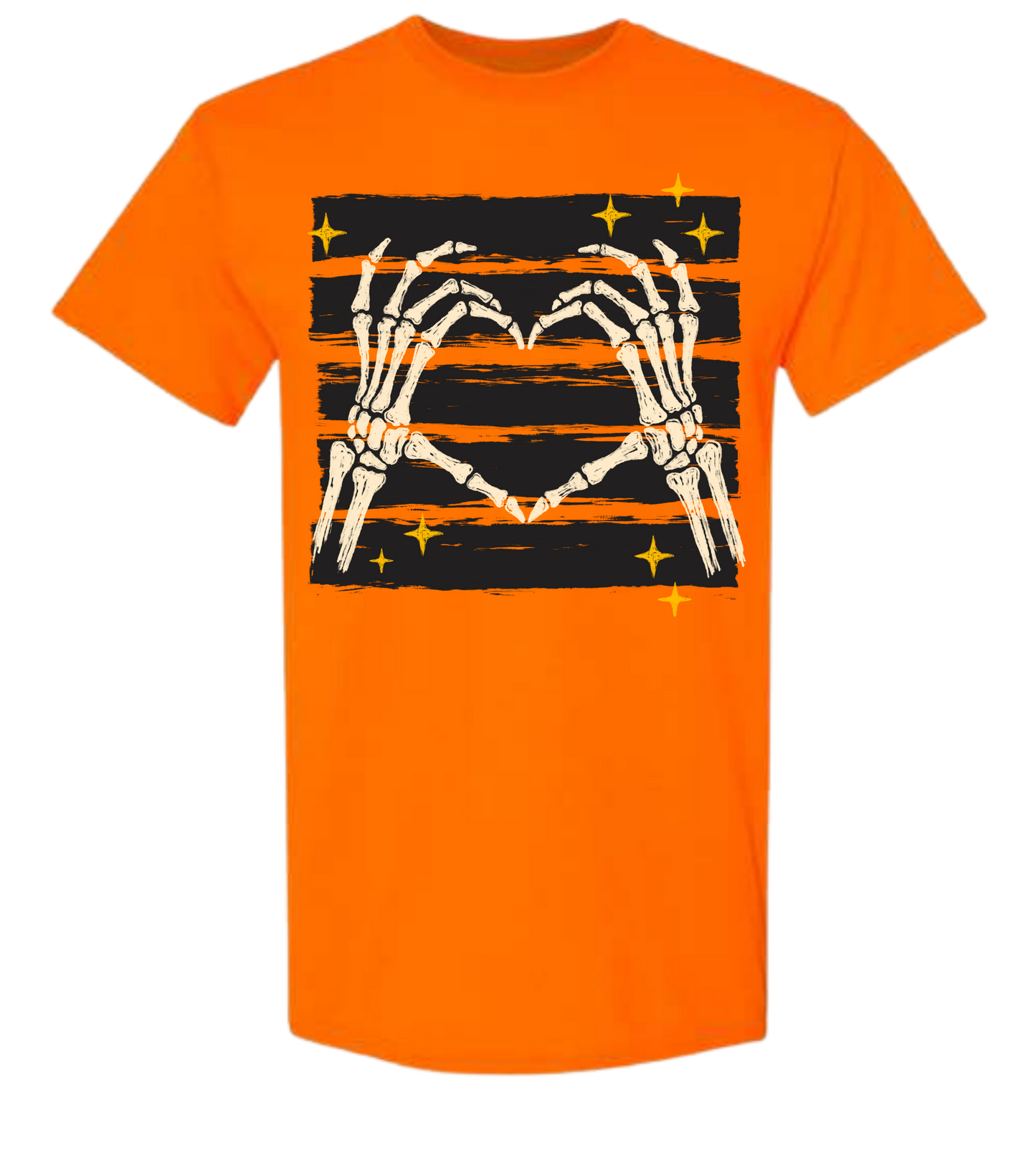 Skeleton Heart Halloween graphic tee in orange with skeleton hands forming a heart on black and orange distressed stripes with gold stars
