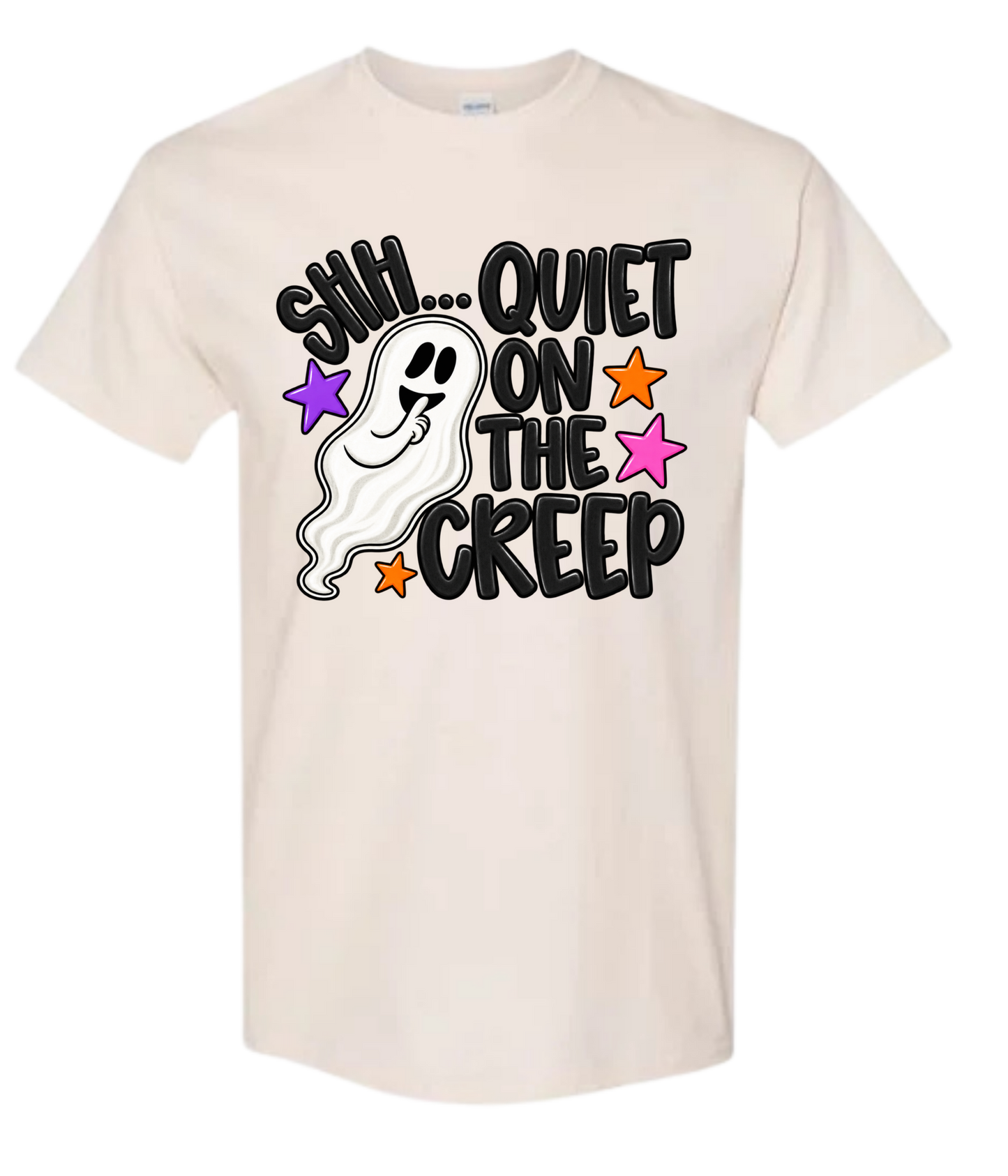 Shh Quiet On The Creep Halloween ghost graphic tee in natural with colorful stars