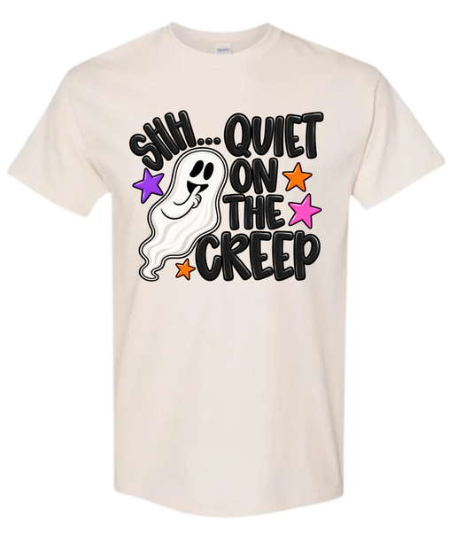 Shh Quiet On The Creep Halloween ghost graphic tee in natural with colorful stars