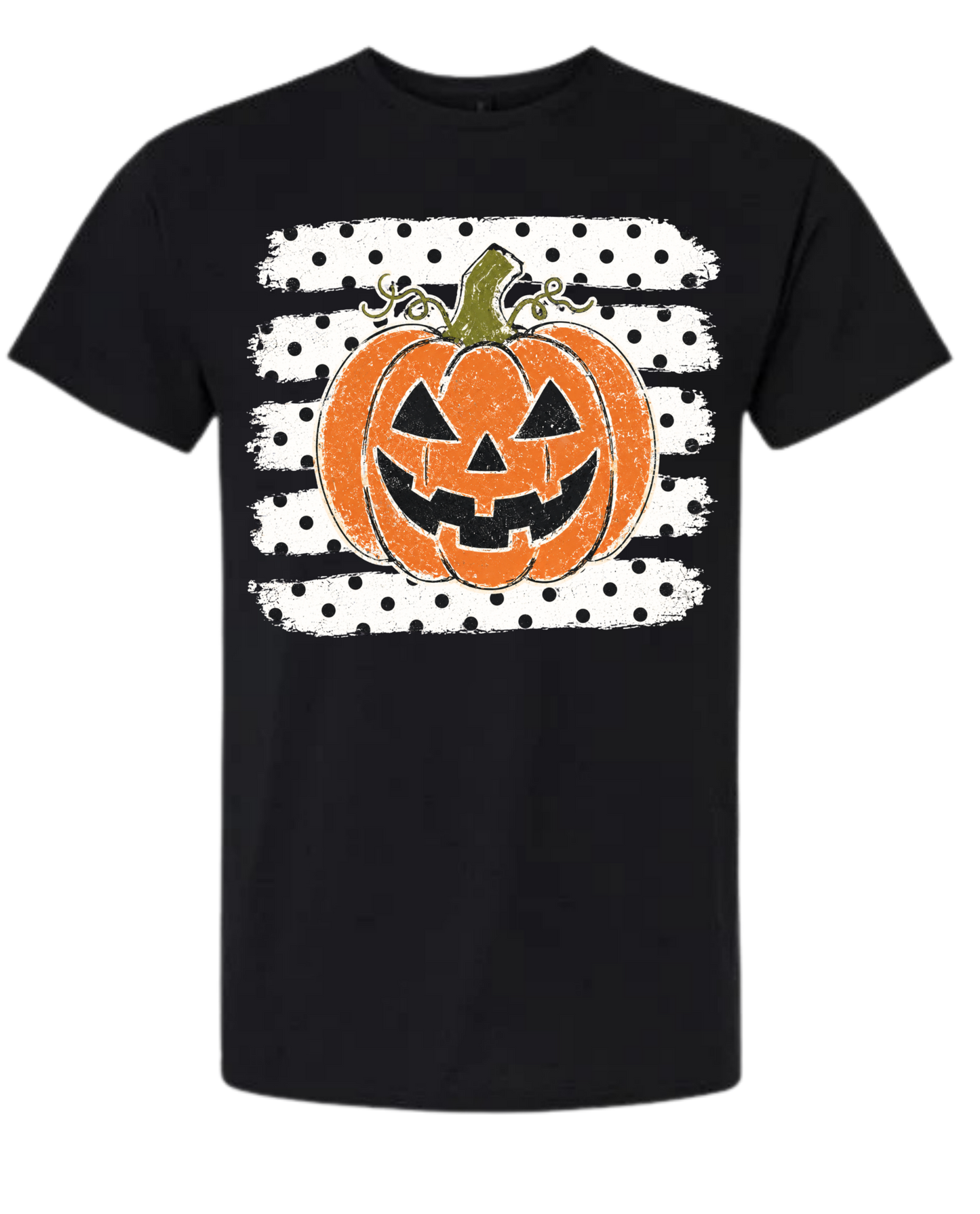 Jack-o'-Lantern Polka Dot Halloween graphic tee in black with distressed orange pumpkin on polka dot brushstroke stripes