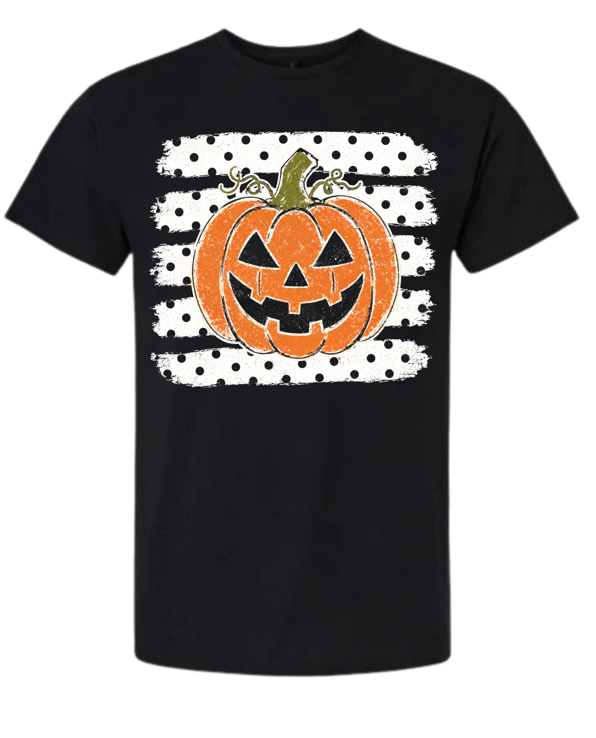 Jack-o'-Lantern Polka Dot Halloween graphic tee in black with distressed orange pumpkin on polka dot brushstroke stripes