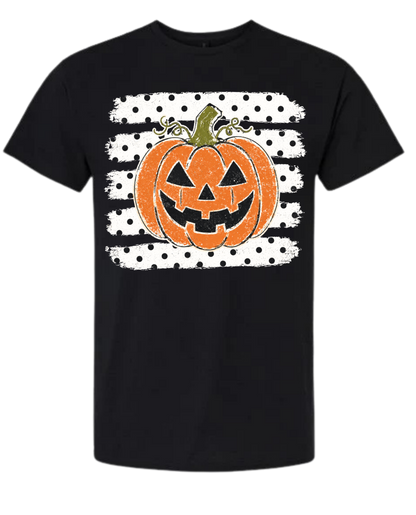 Jack-o'-Lantern Polka Dot Halloween graphic tee in black with distressed orange pumpkin on polka dot brushstroke stripes