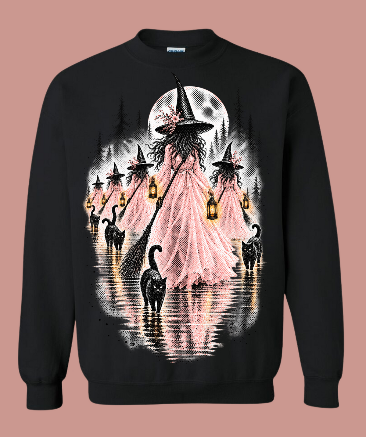 Black sweatshirt with pink witches, black cats, lanterns, and a full moon graphic
