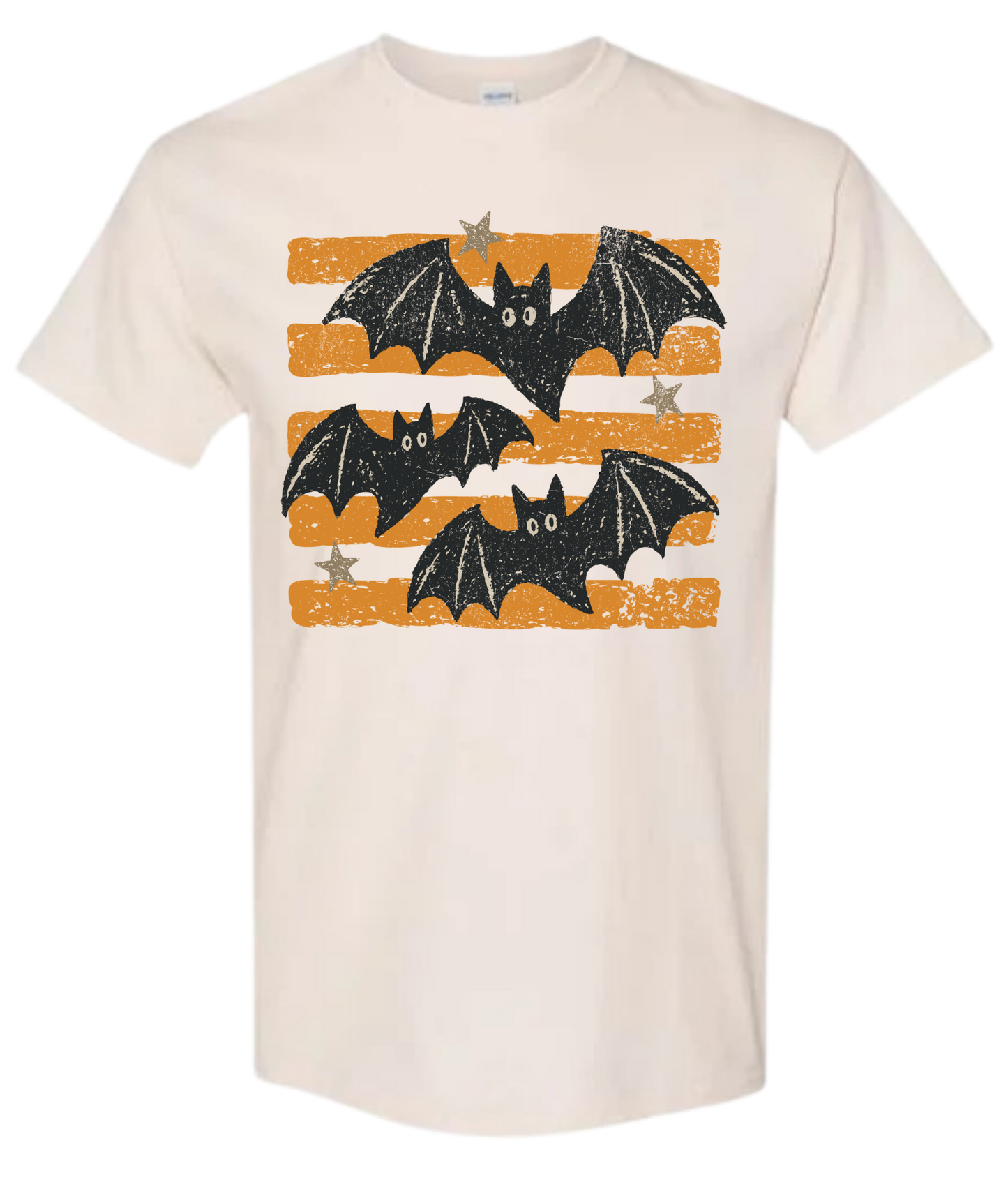 Bat Stripe Halloween graphic tee in natural with three black bats on orange distressed stripes and silver stars