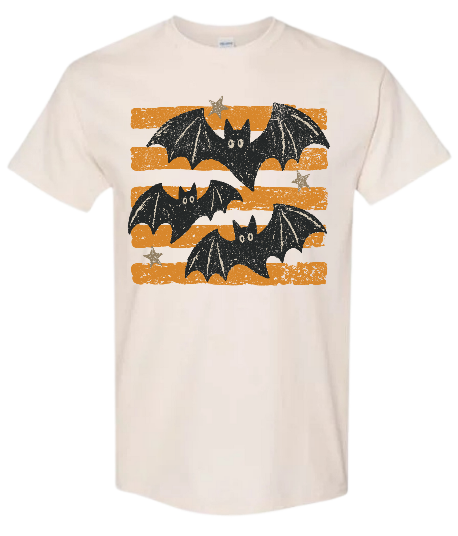 Bat Stripe Halloween graphic tee in natural with three black bats on orange distressed stripes and silver stars