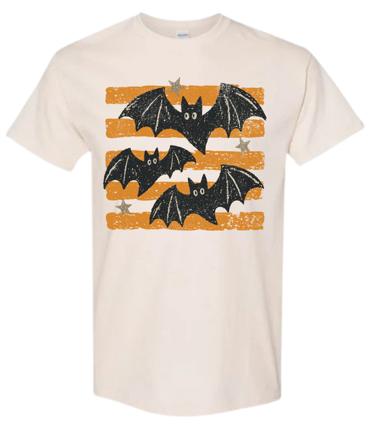 Bat Stripe Halloween graphic tee in natural with three black bats on orange distressed stripes and silver stars
