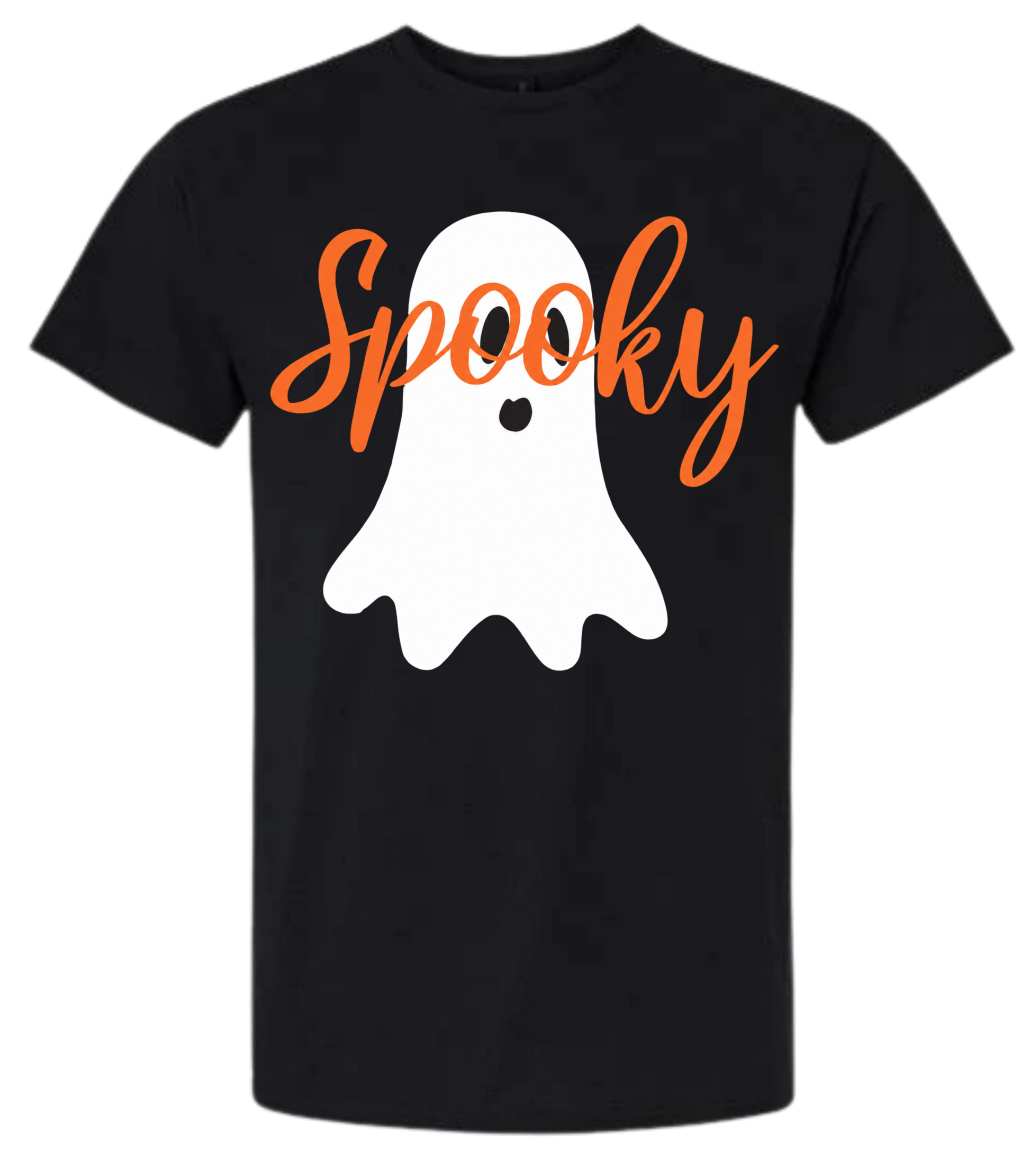 Spooky Ghost Halloween graphic tee in black with orange script and white ghost graphic