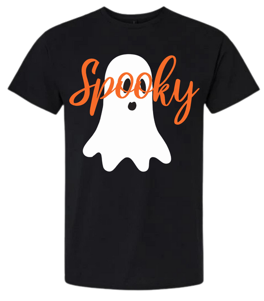 Spooky Ghost Halloween graphic tee in black with orange script and white ghost graphic