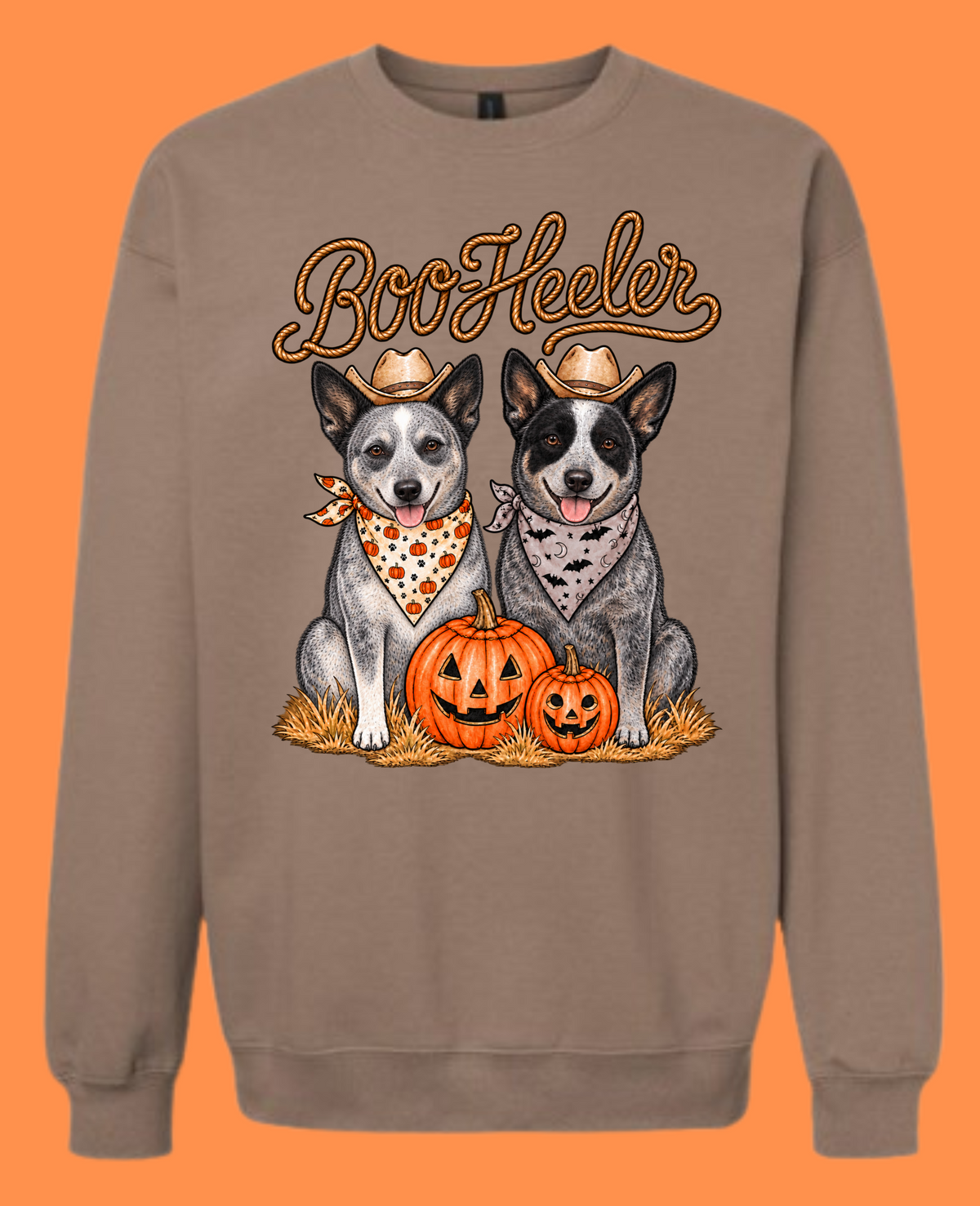 Savana brown sweatshirt with Boo-Heeler Halloween dog and pumpkin graphic