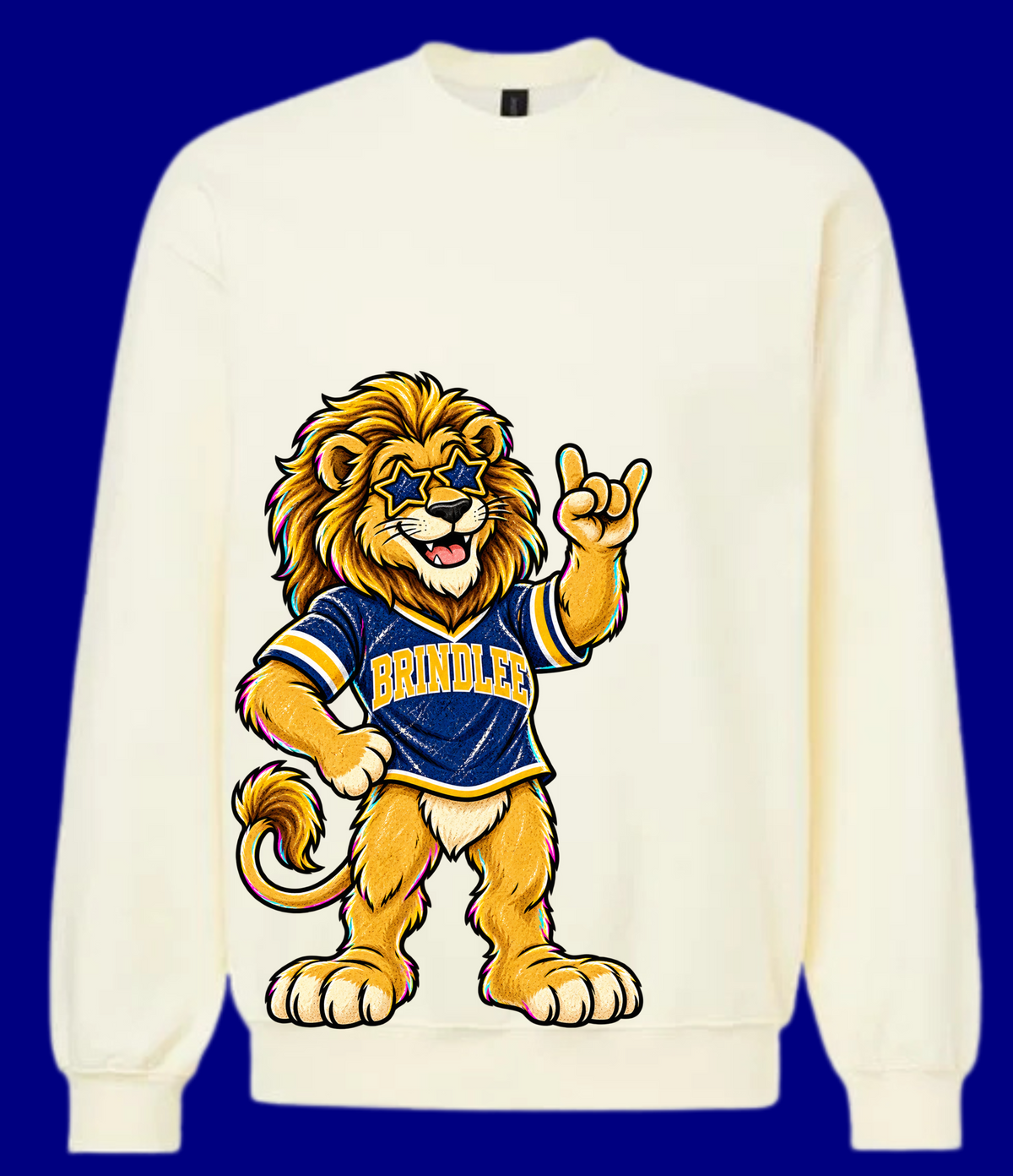 Light-colored sweatshirt featuring a golden lion mascot in a navy-and-gold Brindlee jersey with star sunglasses