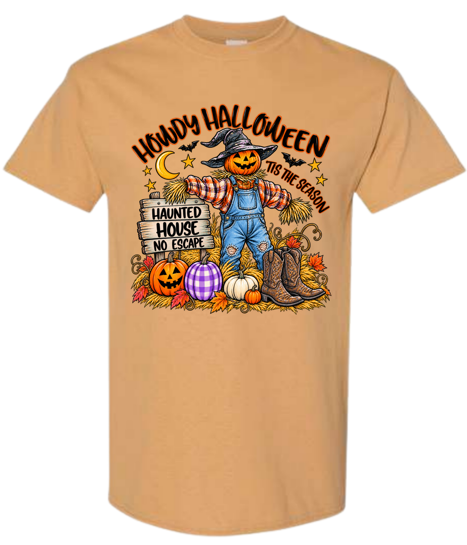 Howdy Halloween Tis The Season graphic tee in golden tan with pumpkin scarecrow, cowboy boots, and jack-o-lanterns