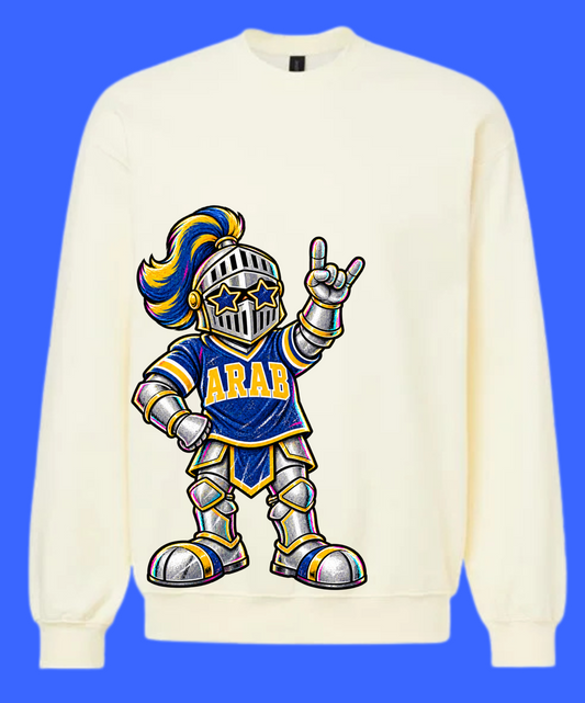 Light-colored crewneck sweatshirt with an Arab Knights mascot wearing a blue-and-gold jersey and star sunglasses