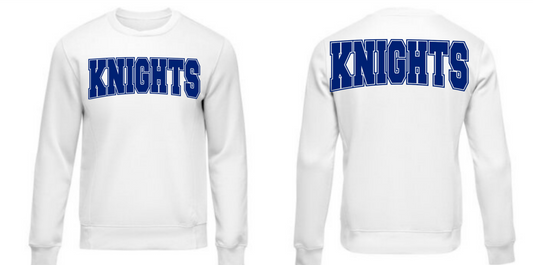 Knights crewneck sweatshirt front and back view with bold blue varsity lettering