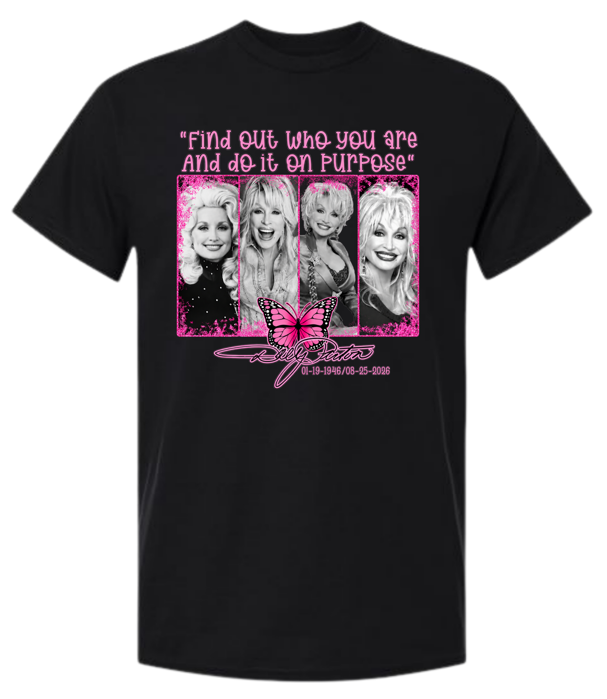Dolly Parton Find Out Who You Are graphic tee in black with pink print