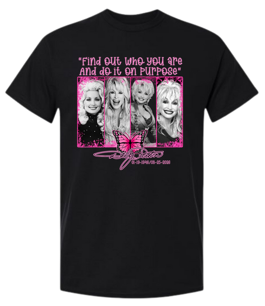 Dolly Parton Find Out Who You Are graphic tee in black with pink print