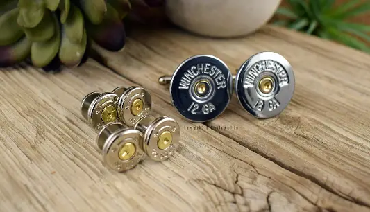 Bullet Tuxedo Studs and Shotgun Cufflinks Set NICKEL, 12 or 20 Gauge