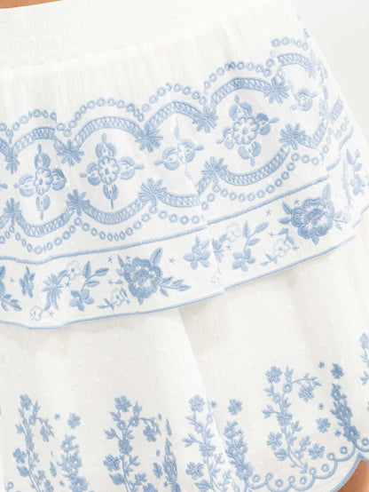 Floral Embroidered Tiered Mini Skirt
