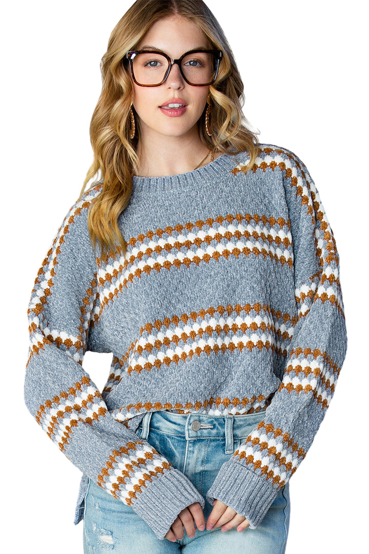 Striped High Low Hem Knitted Jacquard Sweater