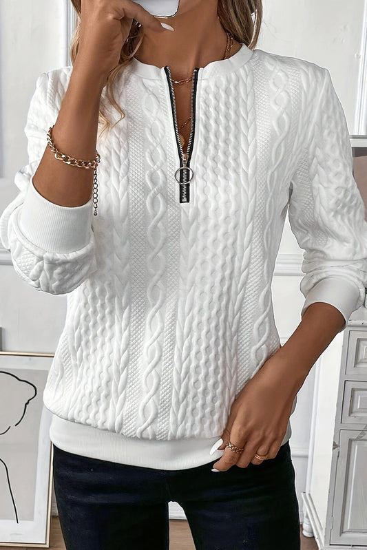 White Casual Zipper Pullover Sweater