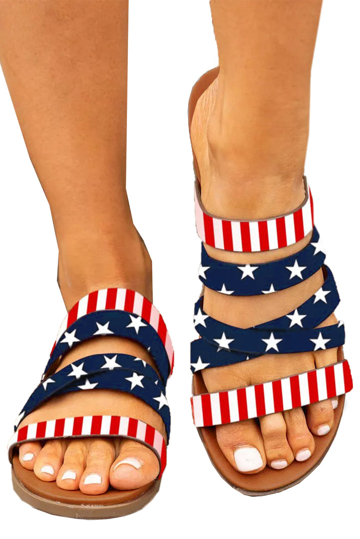 American Stars & Stripes Print Open Toe Flat Slides Shoes