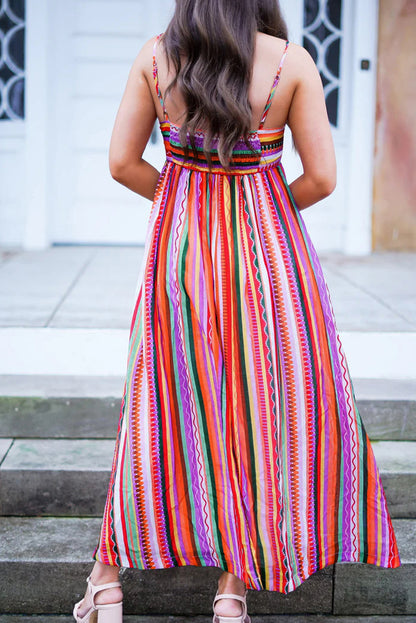 Multicolour Boho Striped Spaghetti Strap Smocked Back Maxi Dress