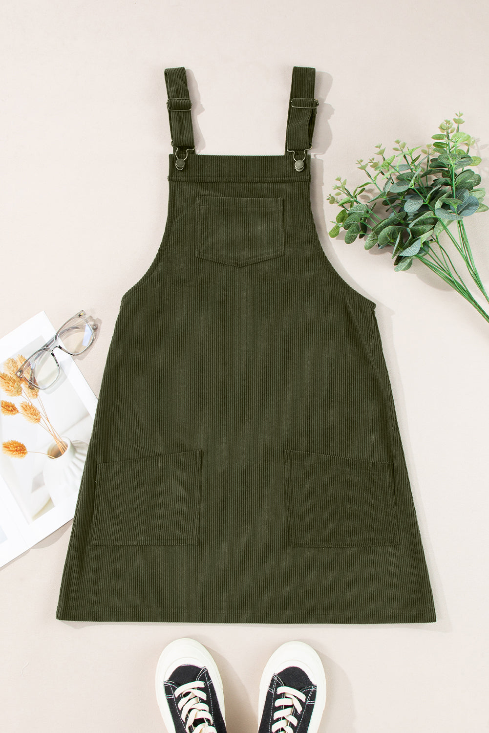 Black Plain Corduroy Pockets Overall Dress