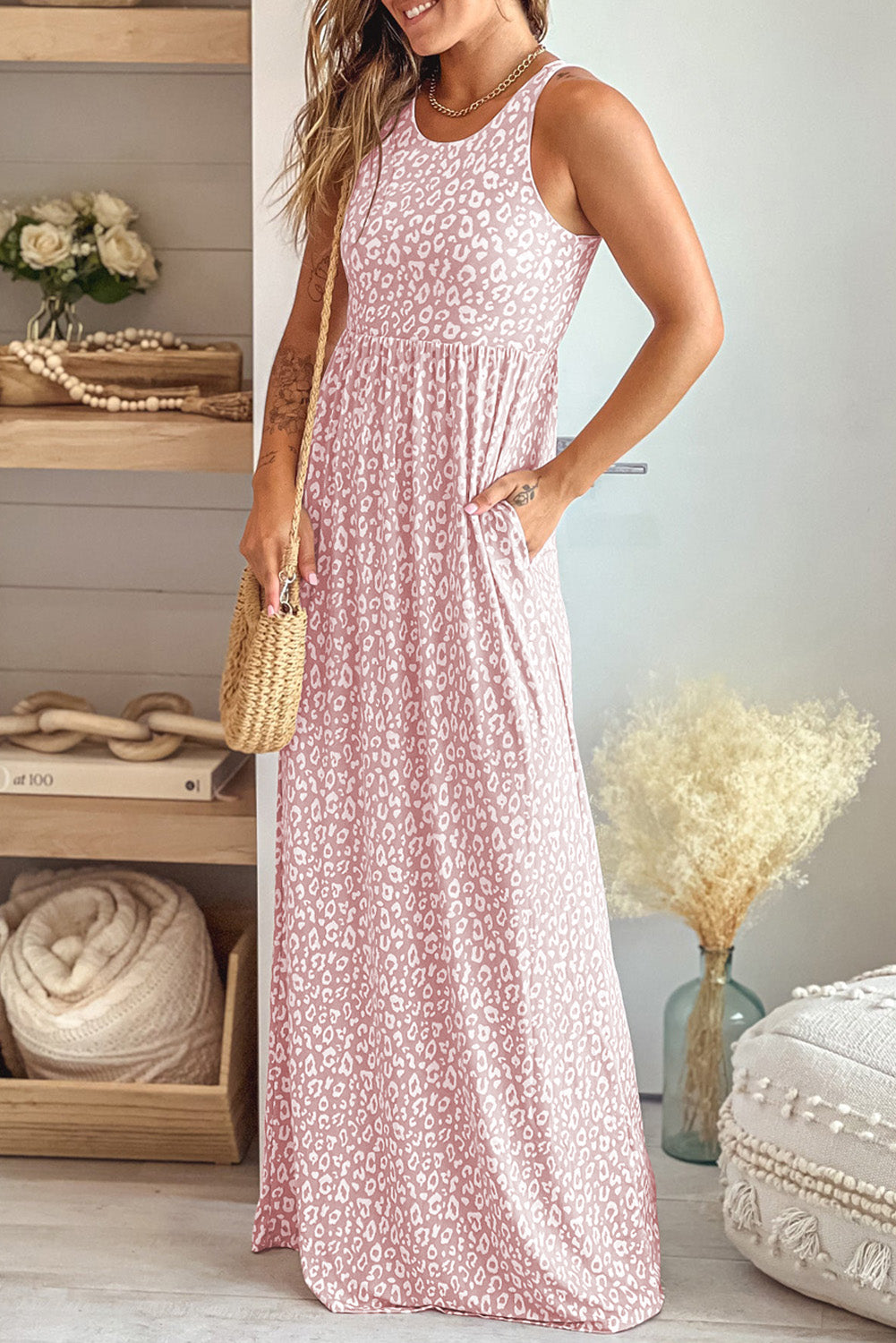 Pink Sleeveless Floor Length Leopard Print Dress