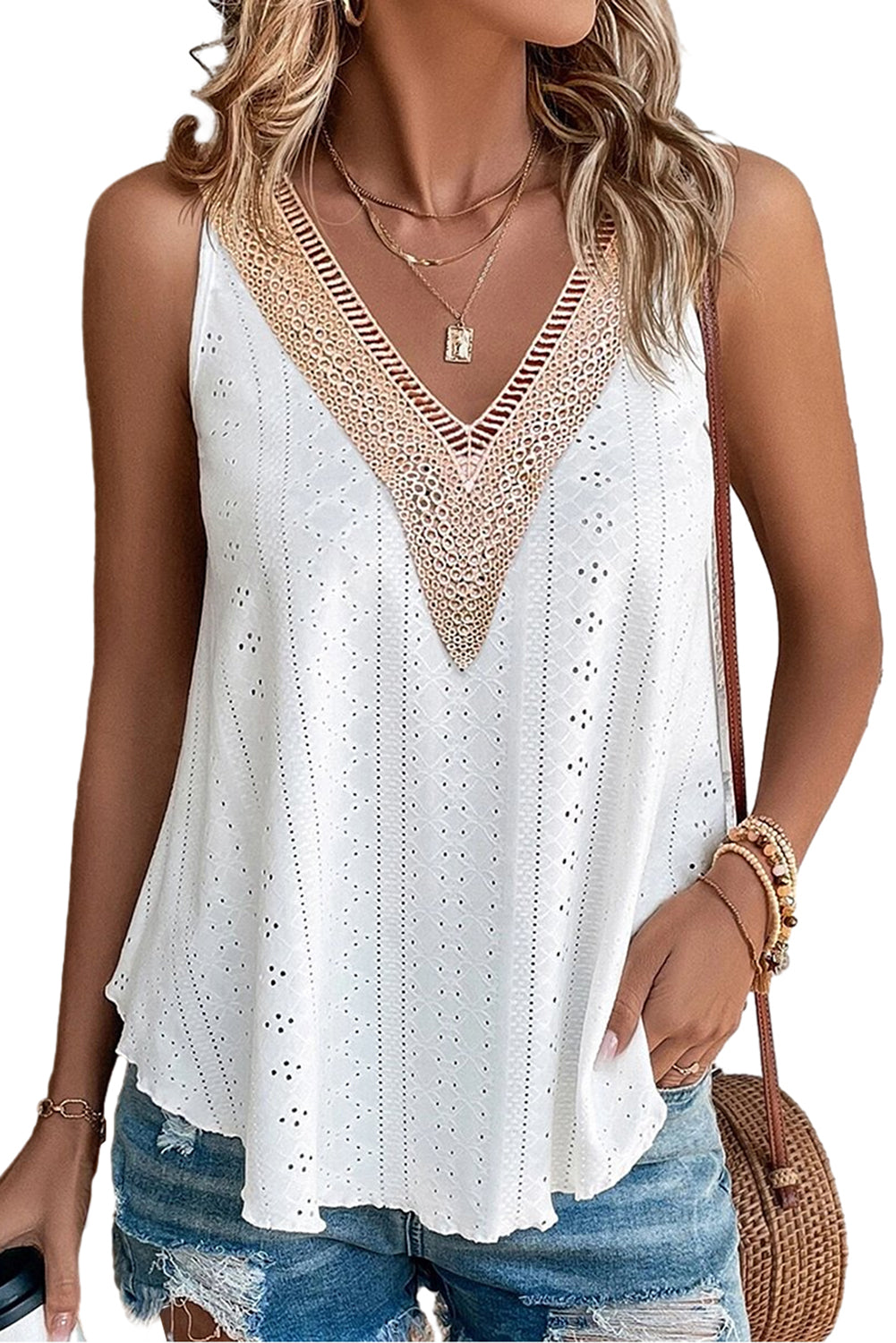 Mist Green Lace Crochet Splicing Eyelet V Neck Tank Top