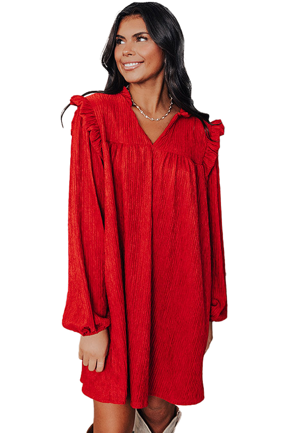 Fiery Red Frill Trim V Neck Loose Fit Ribbed Mini Dress