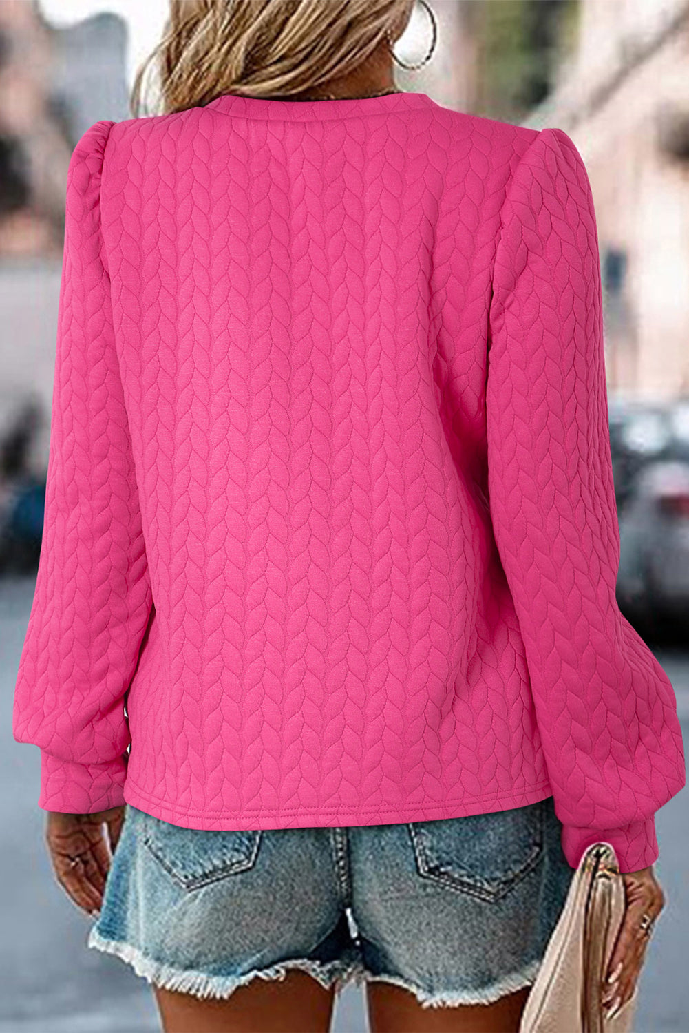 Light Pink Waffle Quilted Puff Sleeve Sweatshirt