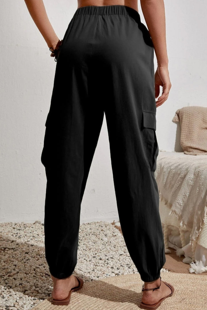 Black Solid Color Drawstring Loose Pocketed Cuffed Pants