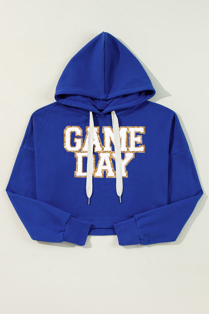 Dark Blue Glittering GAME DAY Patched Cropped Drawstring Hoodie