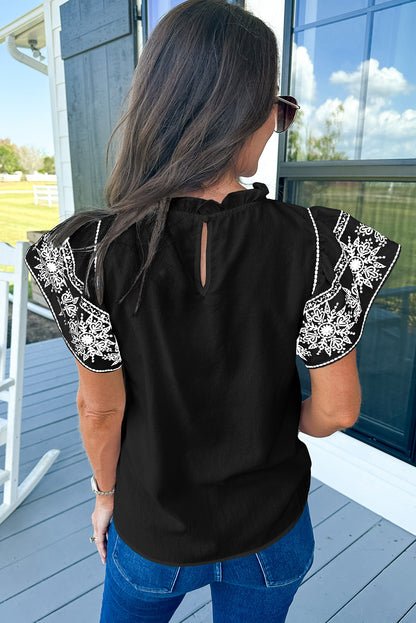 Black Embroidered Ruffled Sleeve Frill Neck Blouse