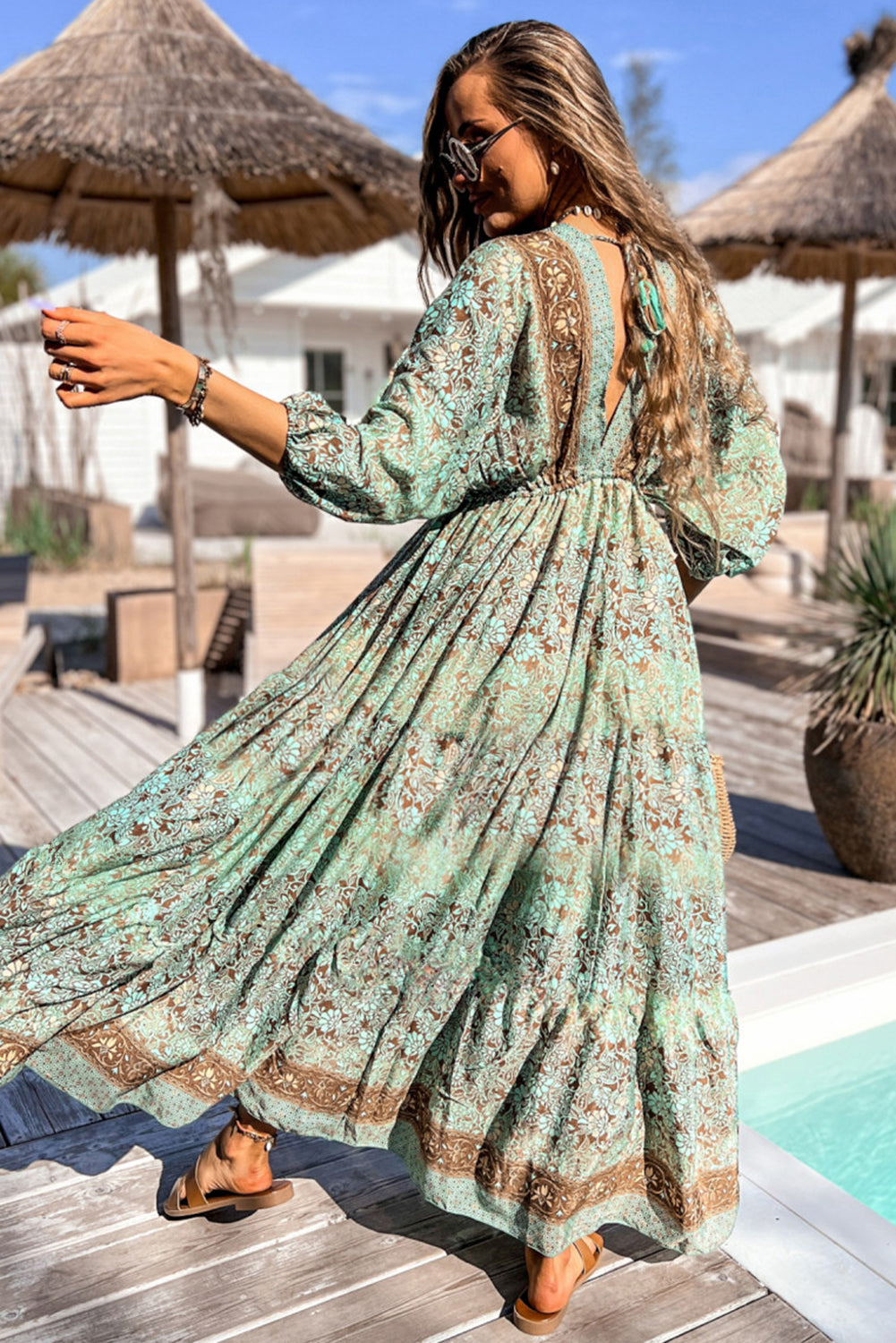 Green Boho Floral Print Backless Drawstring High Waist Maxi Dress