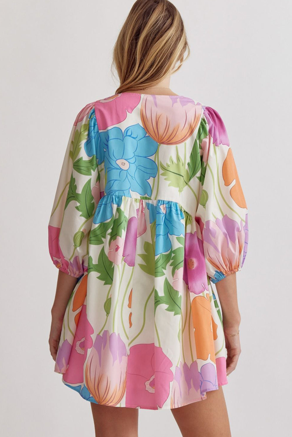 White Puff Sleeve Tied Split Neck Colorful Floral Flowy Dress