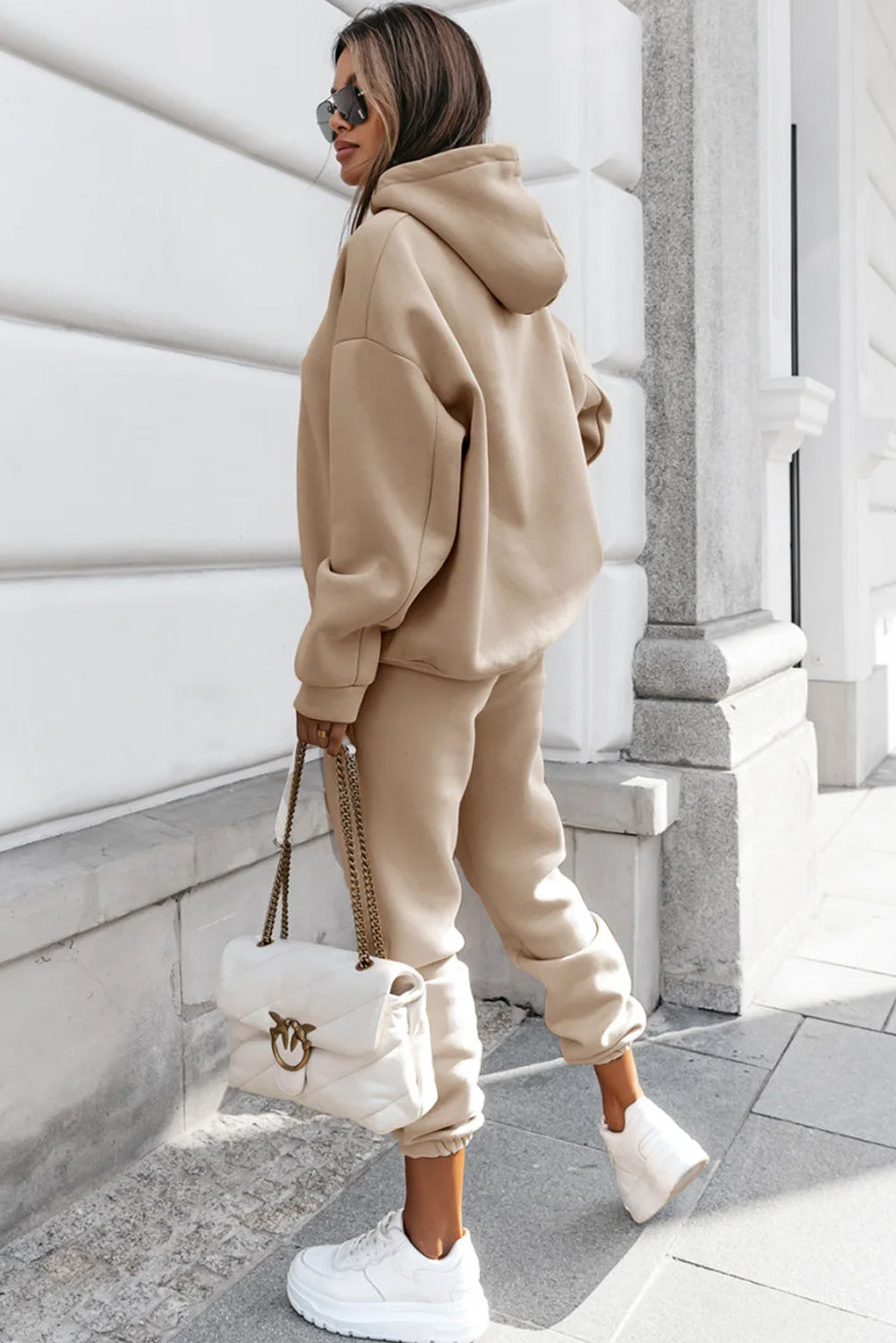 Khaki Solid Color Hoodie and Drawstring Joggers Set