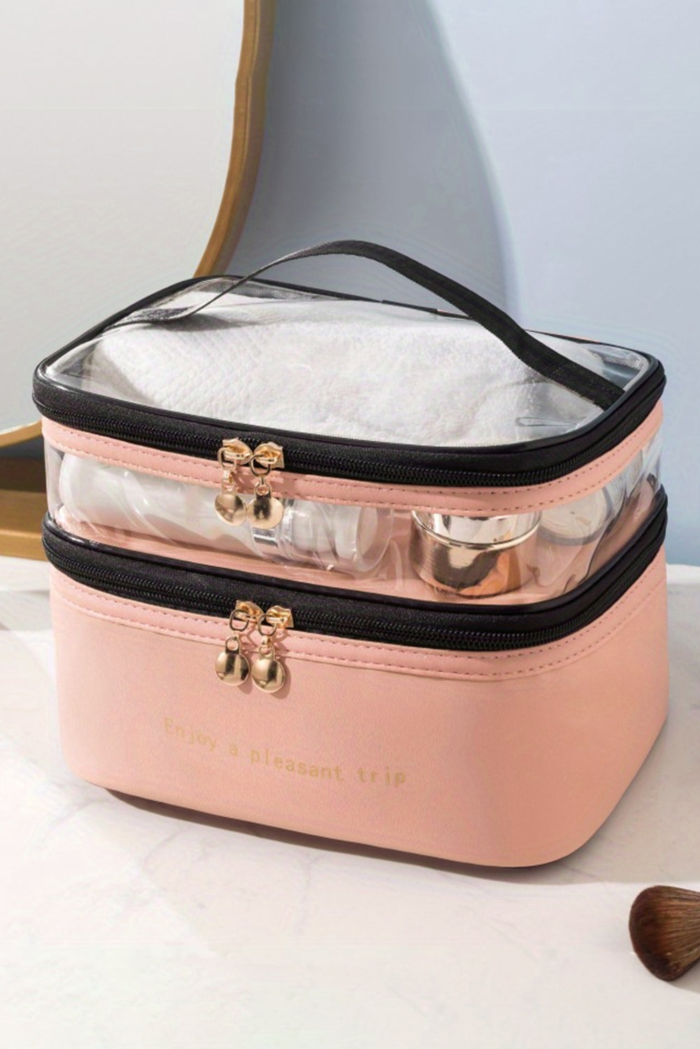 Pink Waterproof PVC Double Layer Cosmetic Bag