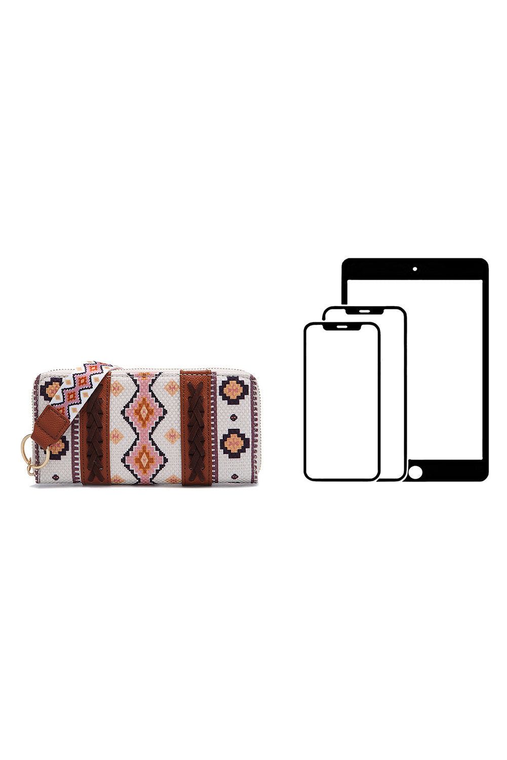 White Geometric Print PU Leather Wristlet Wallet