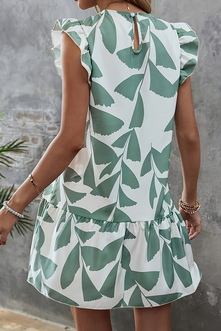 Moonlight Jade Plants Print Round Neck Loose Ruffle Sleeve Dresses
