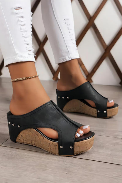 Black Hollow Out Studded PU Leather Wedge Slides Shoes