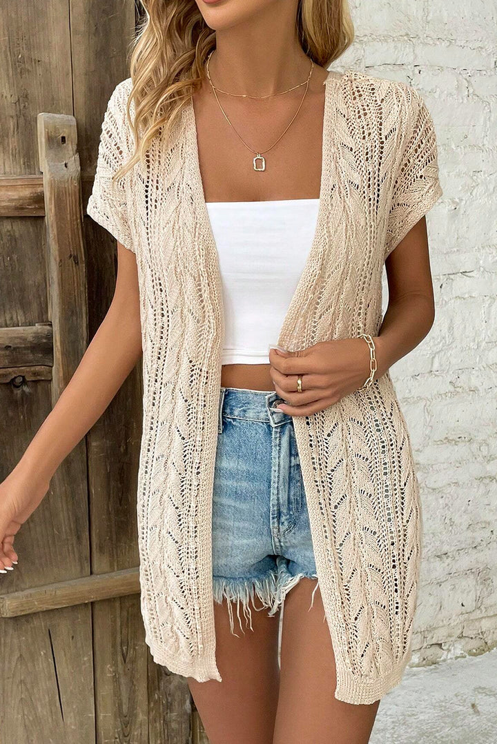 Apricot Hollowed Knit Short Sleeve Vacation Cardigan