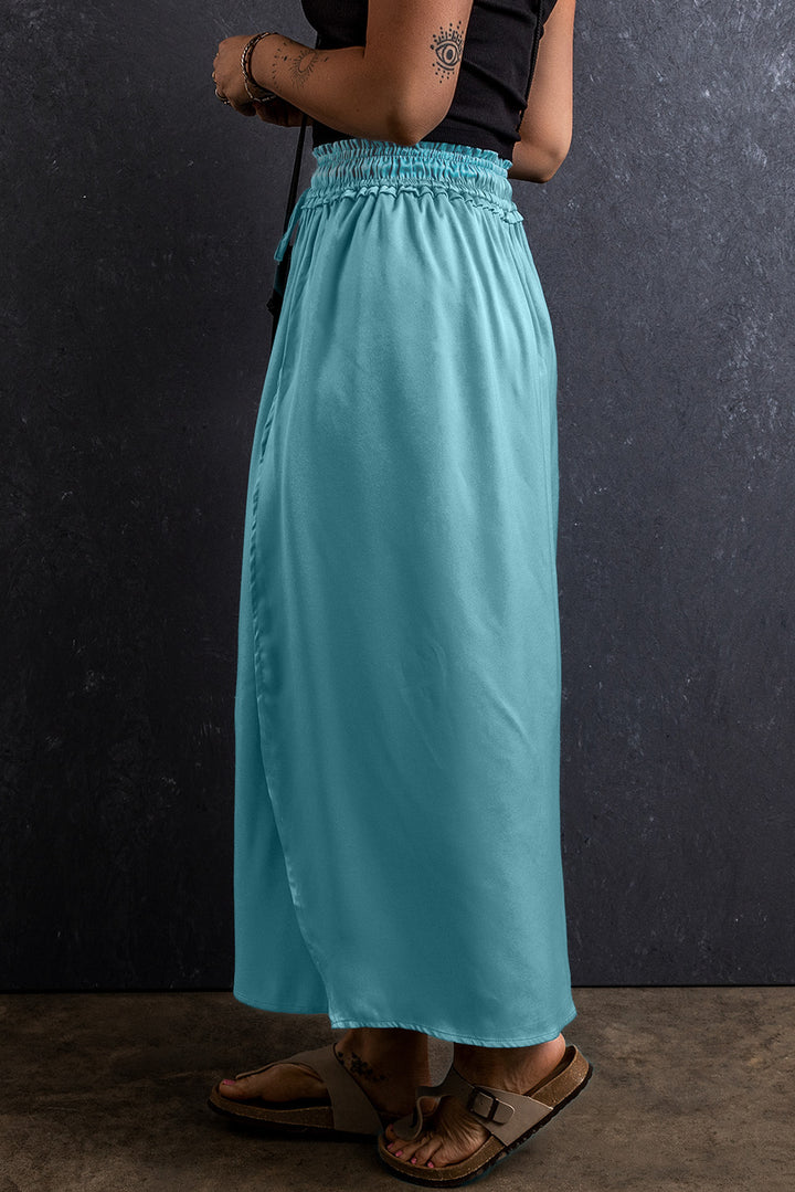 Peacock Blue Drawstring Elastic Waist Side Split Flowy Skirt