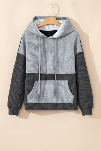 Pink Textured Patchwork Kangaroo Pocket Drop Shoulder Hoodie