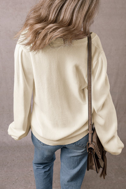 Apricot Pleated Sleeve Hollow Detail Button Knit Cardigan